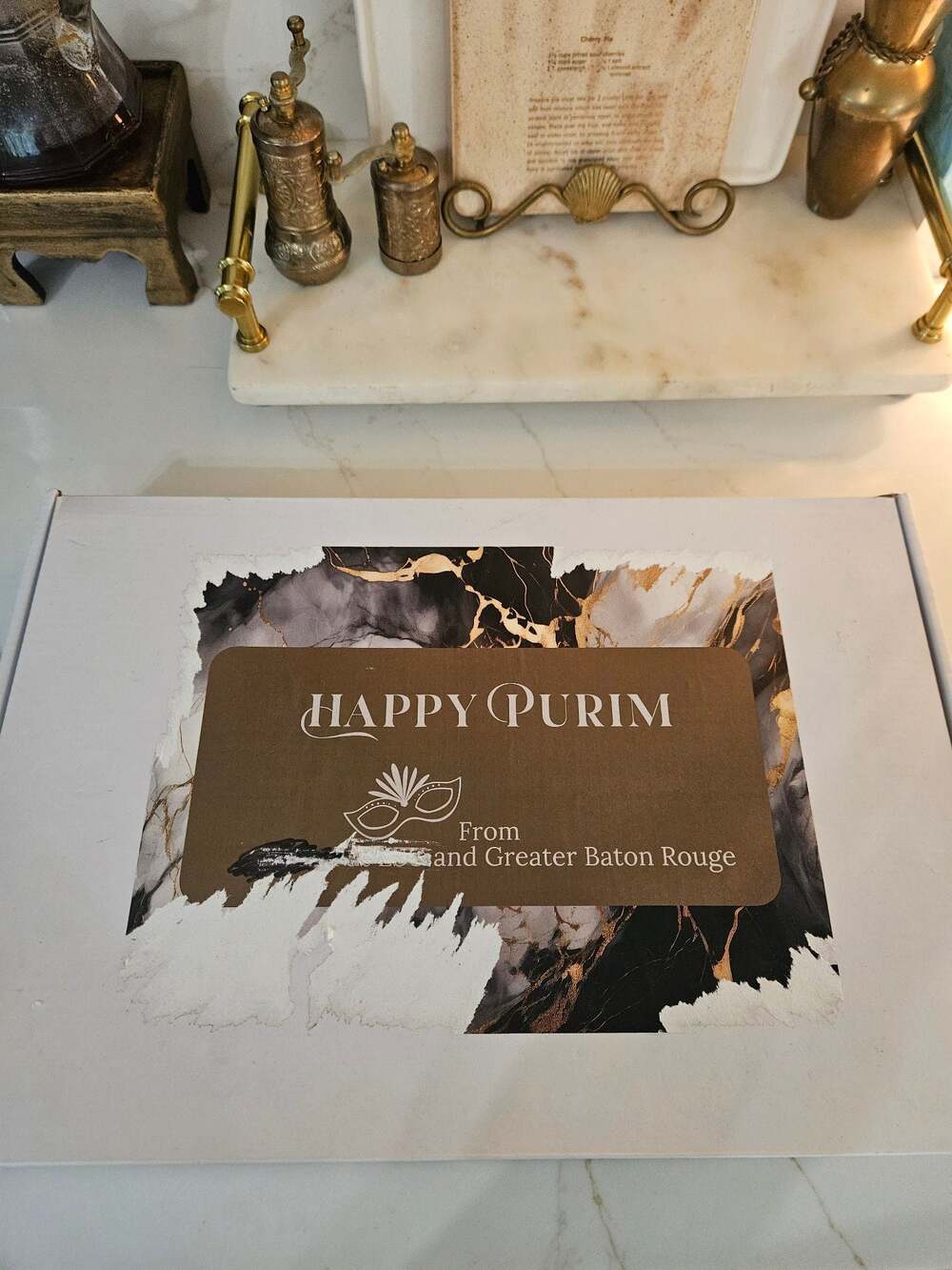 Decorative Serving Tray with Gold Handles and Shabbat Shalom Design